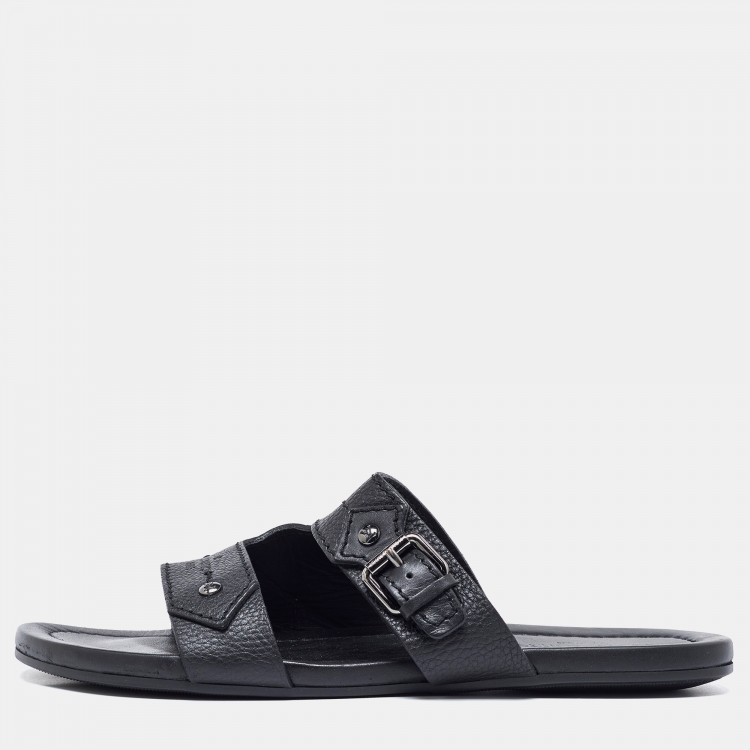 Pre Owned Louis Vuitton Black Leather Slides Size 44
