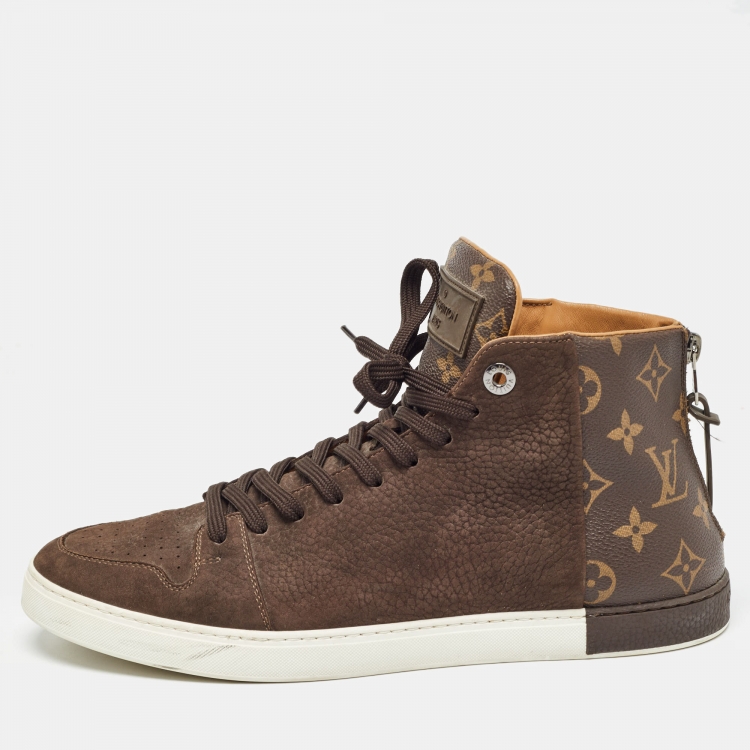 Pre Owned Louis Vuitton Brown Nubuck Leather and Monogram Canvas Line Up Sneakers Size 42