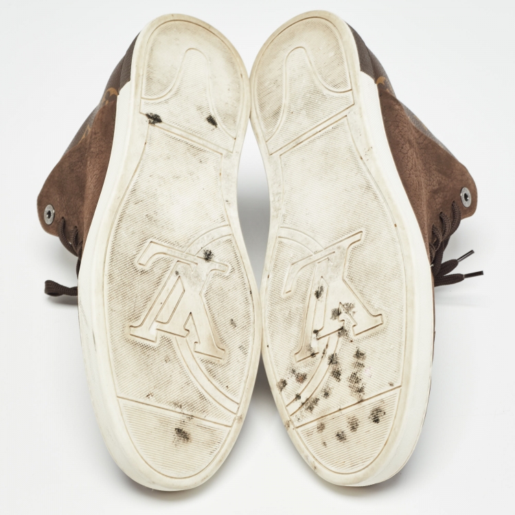 Pre Owned Louis Vuitton Brown Nubuck Leather and Monogram Canvas Line Up Sneakers Size 42