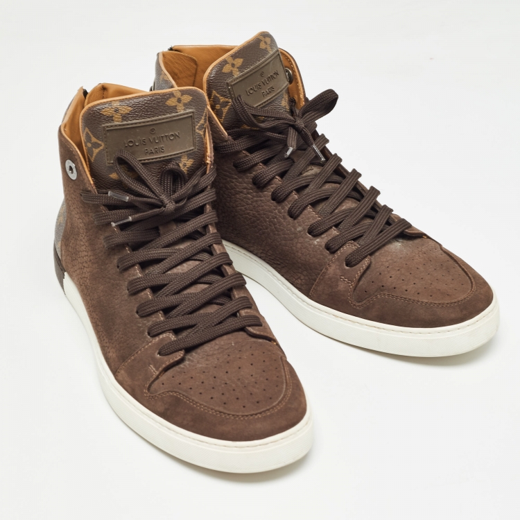 Pre Owned Louis Vuitton Brown Nubuck Leather and Monogram Canvas Line Up Sneakers Size 42