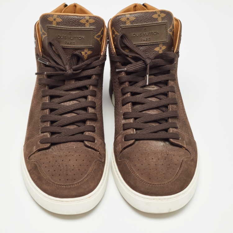 Pre Owned Louis Vuitton Brown Nubuck Leather and Monogram Canvas Line Up Sneakers Size 42