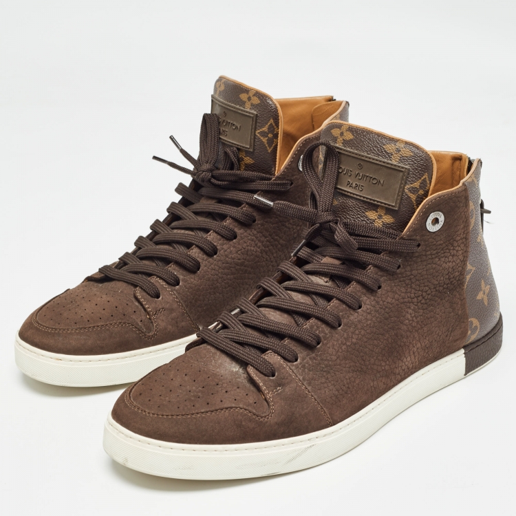Pre Owned Louis Vuitton Brown Nubuck Leather and Monogram Canvas Line Up Sneakers Size 42