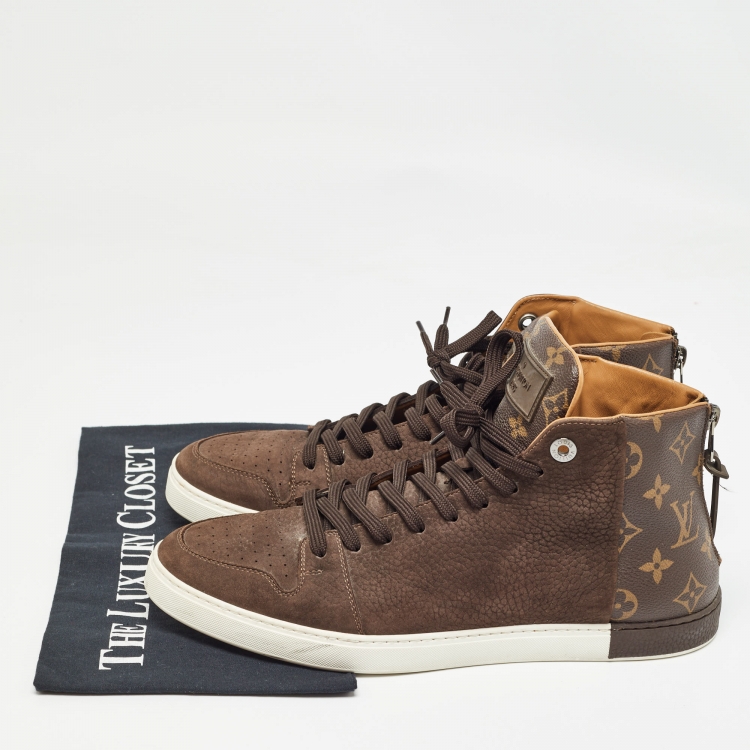 Pre Owned Louis Vuitton Brown Nubuck Leather and Monogram Canvas Line Up Sneakers Size 42