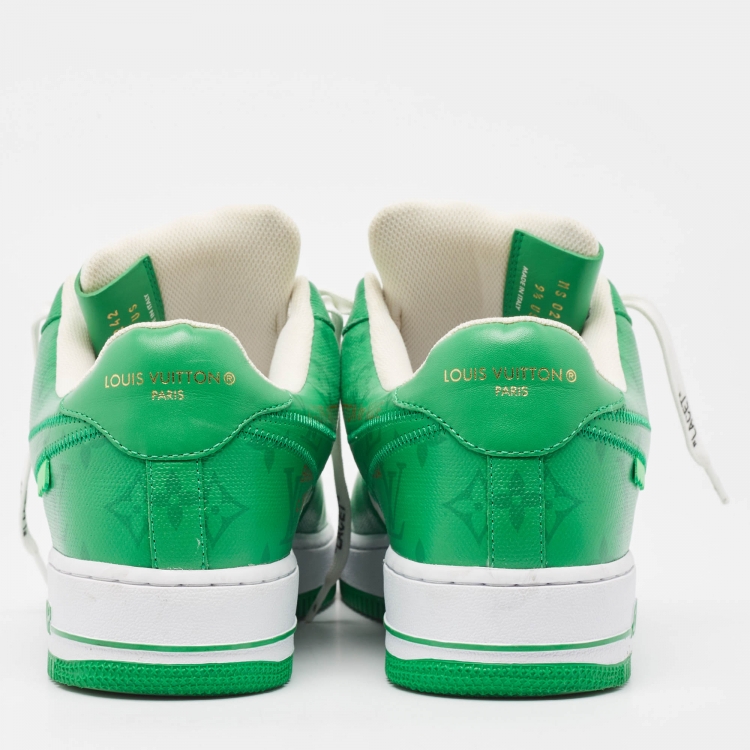 Pre Owned Louis Vuitton x Nike Green/White Monogram Canvas and Leather Air Force 1 Sneakers Size 43.5