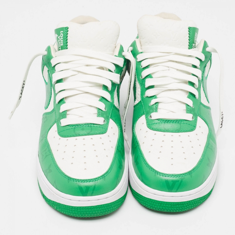 Pre Owned Louis Vuitton x Nike Green/White Monogram Canvas and Leather Air Force 1 Sneakers Size 43.5