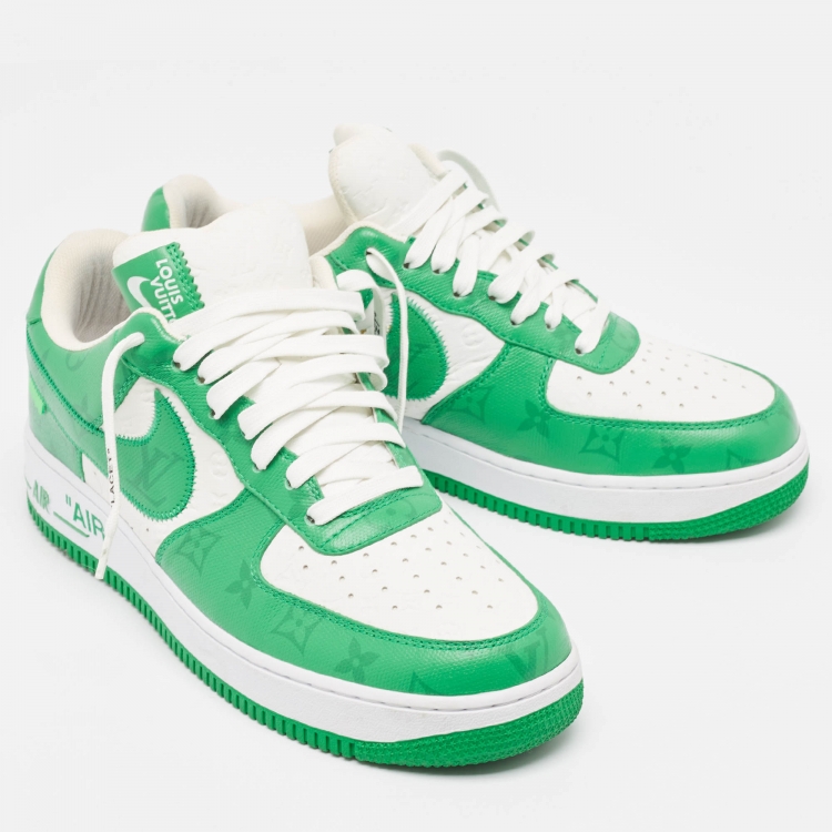 Pre Owned Louis Vuitton x Nike Green/White Monogram Canvas and Leather Air Force 1 Sneakers Size 43.5