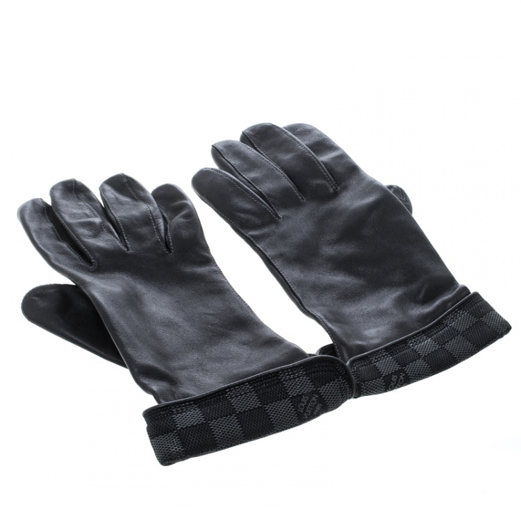 Pre Owned Louis Vuitton Black Leather Damier Graphite Print Gloves L