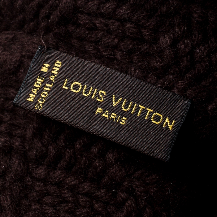 Pre Owned Louis Vuitton Brown Chunky Knit Logo Detail Cashmere Beanie