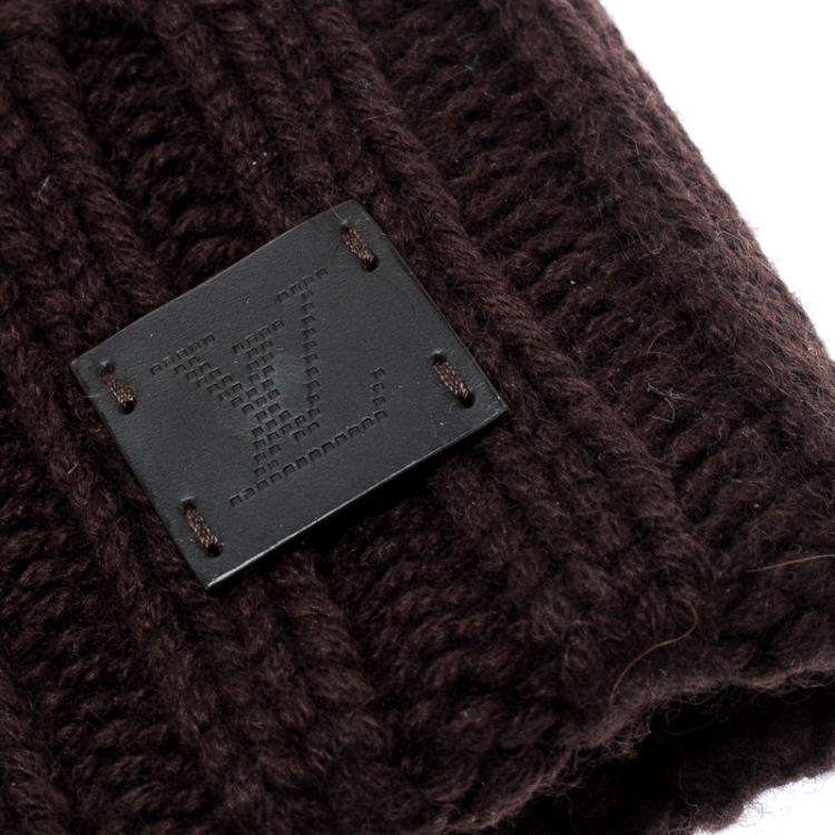 Pre Owned Louis Vuitton Brown Chunky Knit Logo Detail Cashmere Beanie