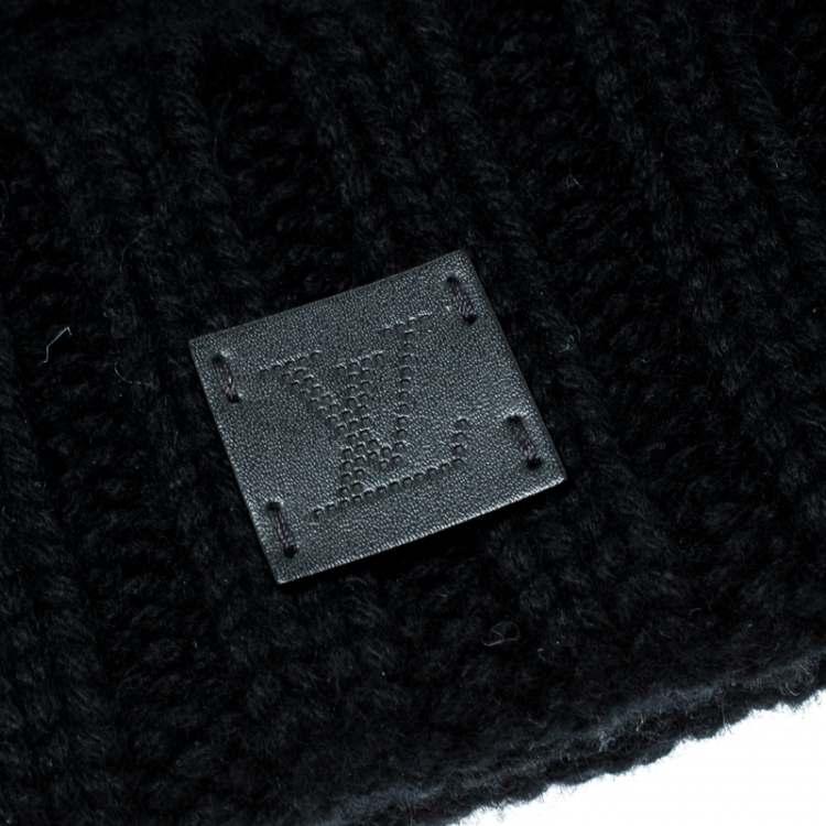 Pre Owned Louis Vuitton Black Chunky Knit Logo Detail Cashmere Beanie