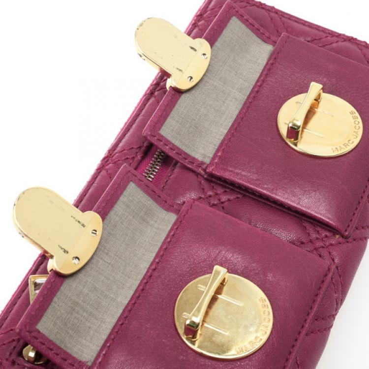 Pre Owned Marc Jacobs Fuchsia Quilted Leather Double Pocket Zip Wallet