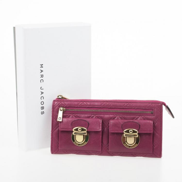 Pre Owned Marc Jacobs Fuchsia Quilted Leather Double Pocket Zip Wallet