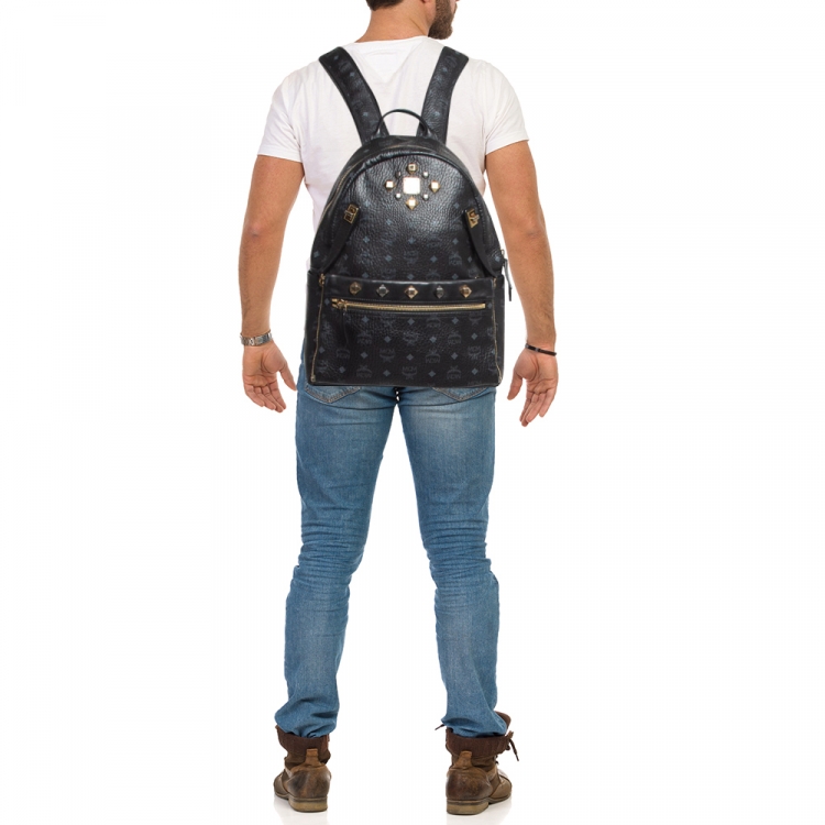 Pre Owned MCM Black Visetos Coated Canvas Large Studded Stark Backpack
