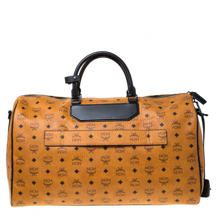 Pre Owned MCM Cognac/Black Visetos Leather Nomad Weekender Duffel Bag