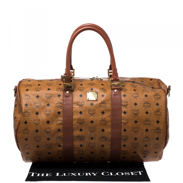 Pre Owned MCM Cognac Visetos Coated Canvas Stark Weekender Duffel Bag