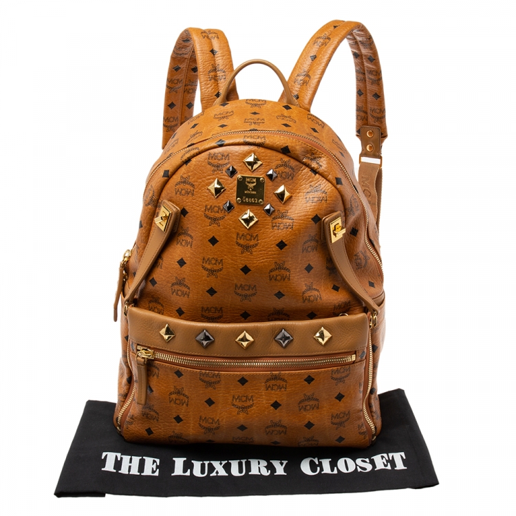 Pre Owned MCM Cognac Visetos Coated Canvas Studded Dual Stark Backpack