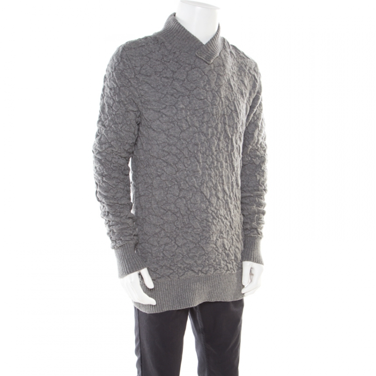 Pre Owned McQ by Alexander McQueen Grey Crinkle Effect Faux Wrap Collar Pullover M