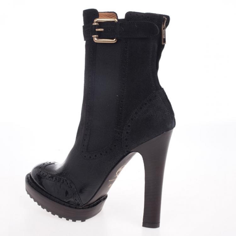 Pre Owned McQ by Alexander McQueen Black Leather Brogue Platform Ankle Boots Size 38