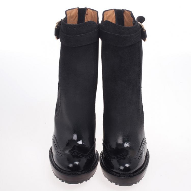 Pre Owned McQ by Alexander McQueen Black Leather Brogue Platform Ankle Boots Size 38