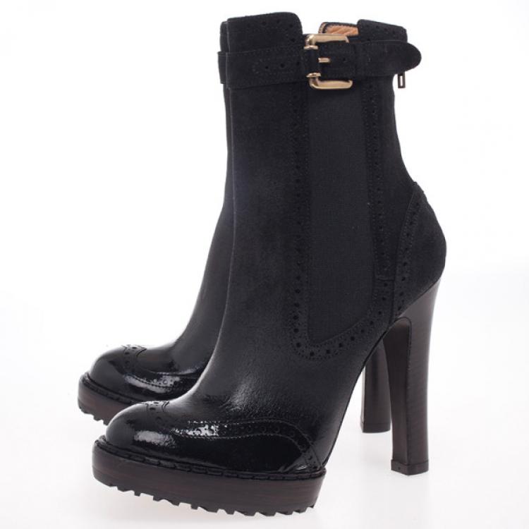 Pre Owned McQ by Alexander McQueen Black Leather Brogue Platform Ankle Boots Size 38