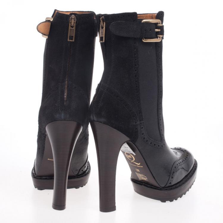Pre Owned McQ by Alexander McQueen Black Leather Brogue Platform Ankle Boots Size 38