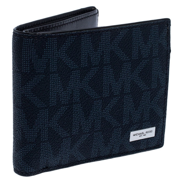 Pre Owned Michael Kors Navy Blue Signature Coated Canvas Bi Fold Wallet 