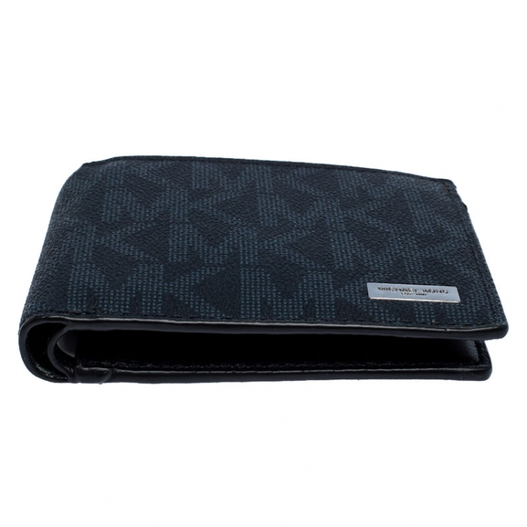 Pre Owned Michael Kors Navy Blue Signature Coated Canvas Bi Fold Wallet 