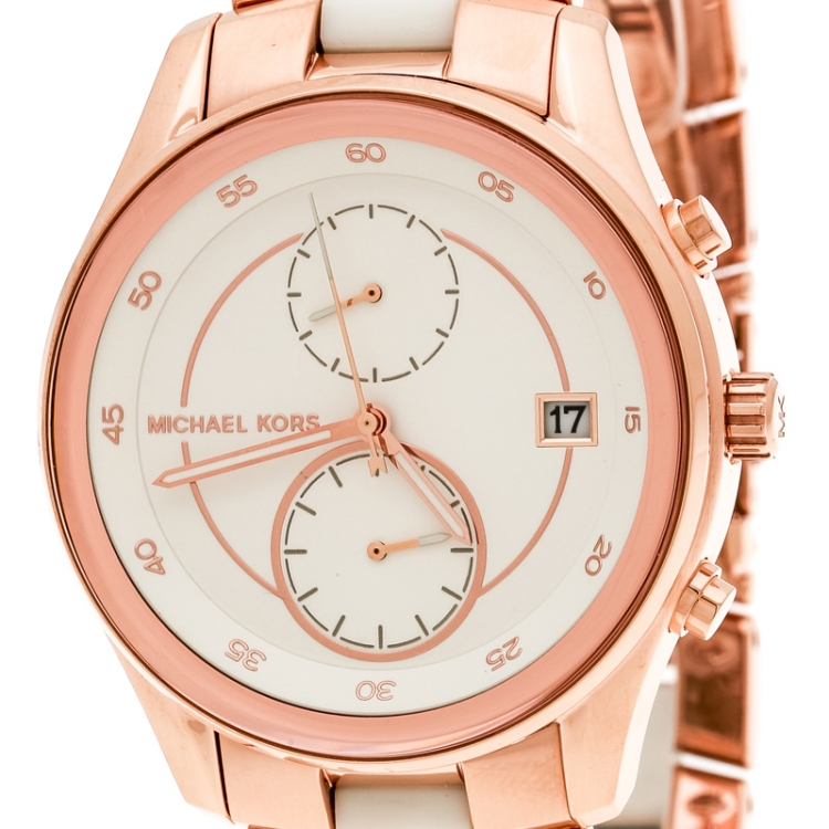 Pre Owned Michael Kors White Rose Gold Plated Steel Briar MK6467 Men's Wristwatch 40MM