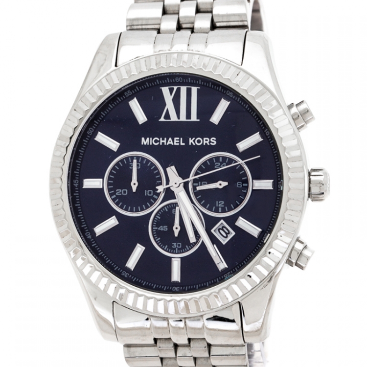Pre Owned Michael Kors Navy Blue Stainless Steel Lexington MK8280 Men's Wristwatch 45 mm