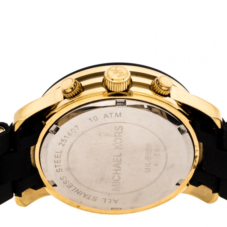 Pre Owned Michael Kors Black Gold Plated Steel Runway MK5191 Men's Wristwatch 39 mm