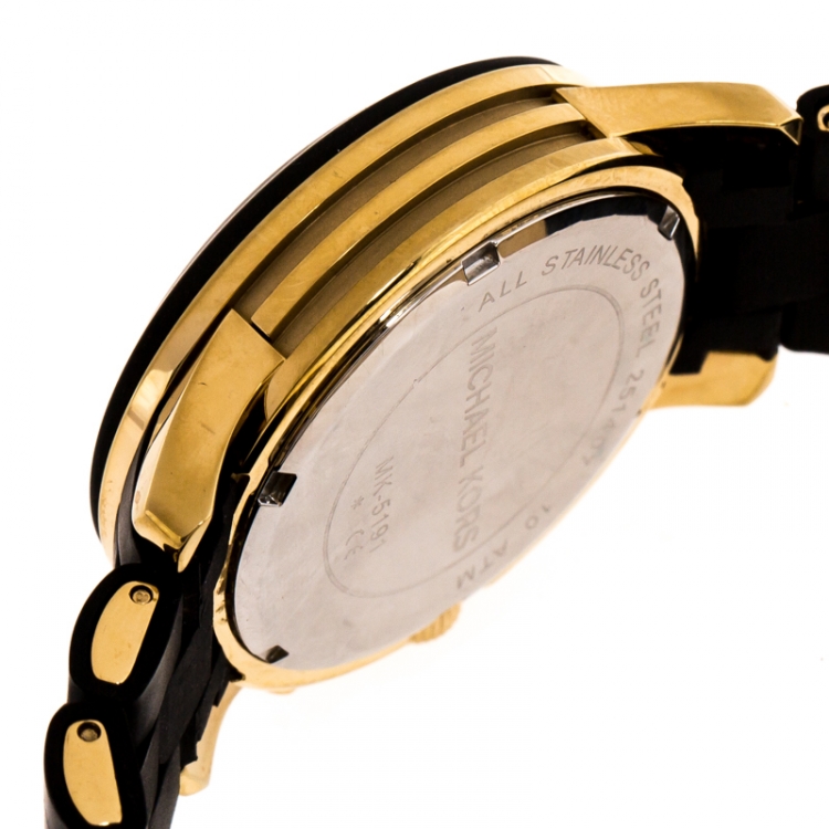 Pre Owned Michael Kors Black Gold Plated Steel Runway MK5191 Men's Wristwatch 39 mm