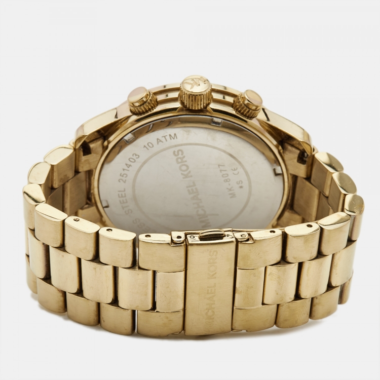Pre Owned Michael Kors Champagne Gold Plated Stainless Steel Runway MK8077 Men's Wristwatch 45 mm