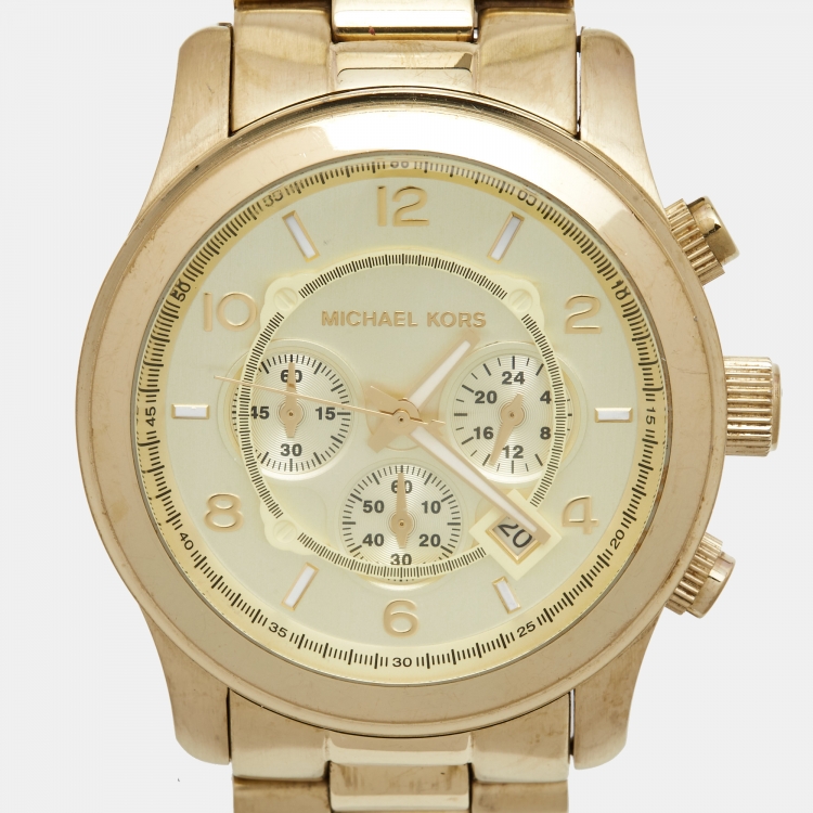 Pre Owned Michael Kors Champagne Gold Plated Stainless Steel Runway MK8077 Men's Wristwatch 45 mm