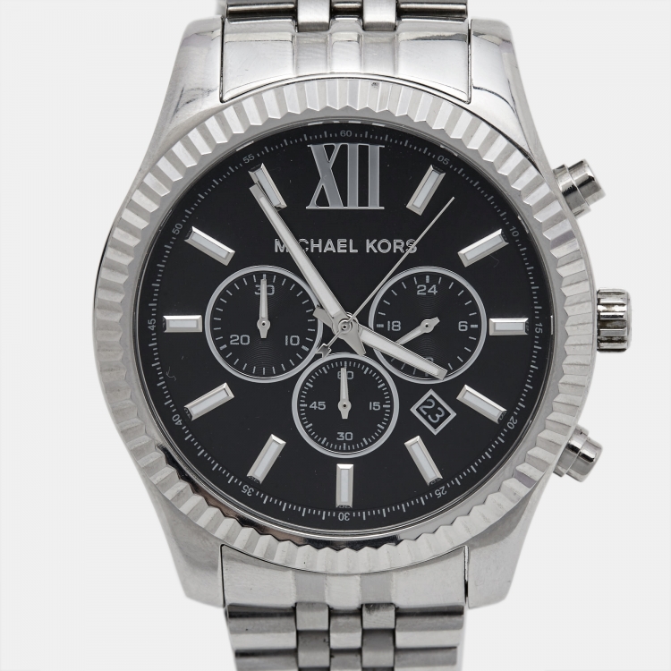 Pre Owned Michael Kors Black Stainless Steel Lexington MK8602 Men's Wristwatch 44 mm