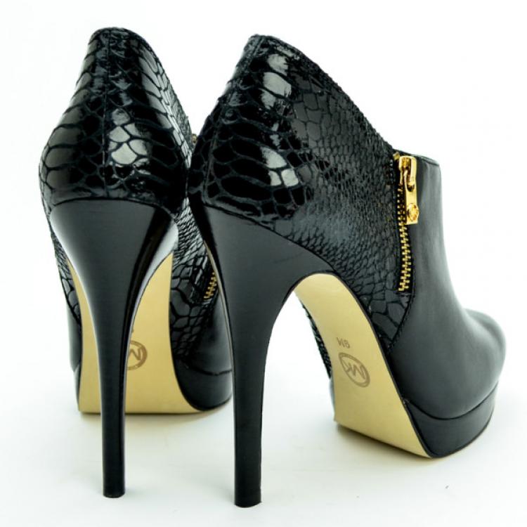 Pre Owned MICHAEL Michael Kors Black Leather & Python York Ankle Boots Size 39.5