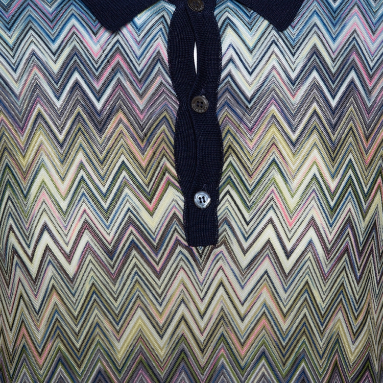 Pre Owned Missoni Mulitcolor Chevron Knit Contrast Collar Polo T Shirt L 