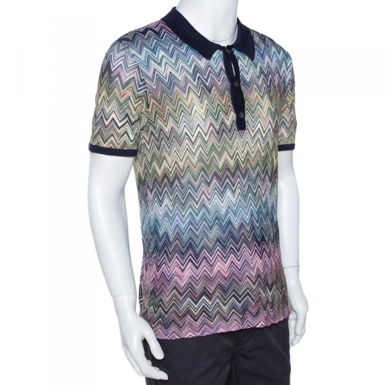 Pre Owned Missoni Mulitcolor Chevron Knit Contrast Collar Polo T Shirt L 