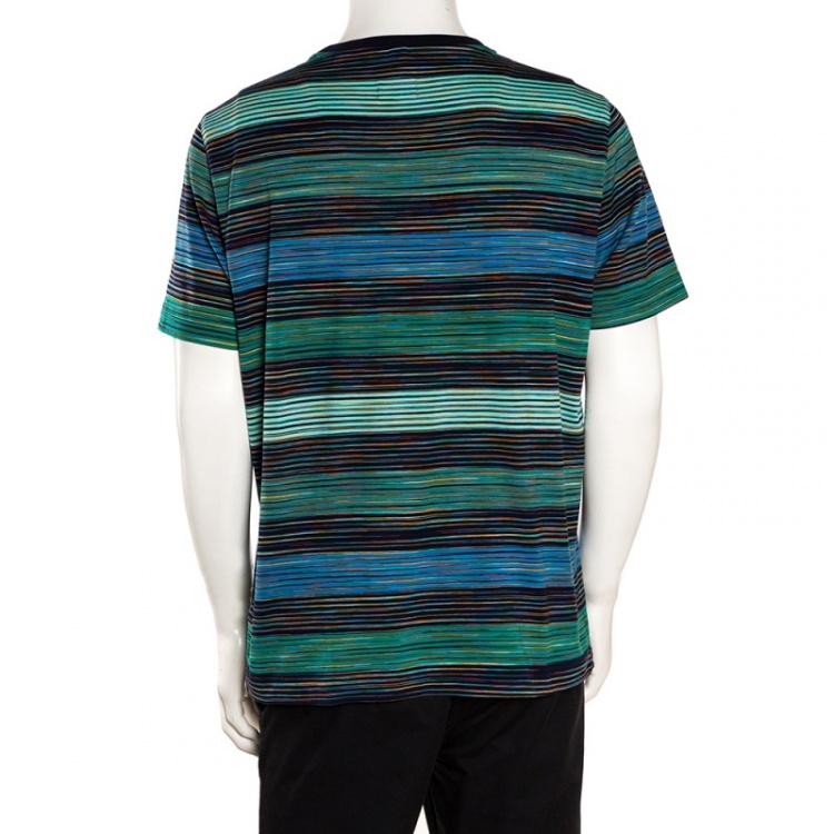 Pre Owned Missoni Blue & Green Striped Cotton Round Neck T-Shirt L 