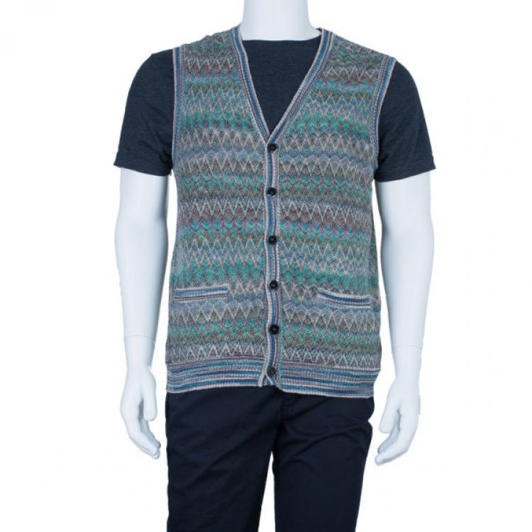 Pre Owned Missoni Men's Zig-Zag Button Down Sleeveless Cardigan L