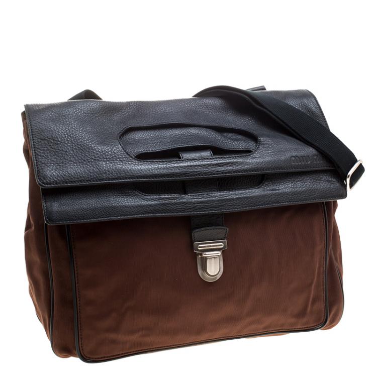 Pre Owned Miu Miu Brown/Black Nylon and Leather Messenger Bag