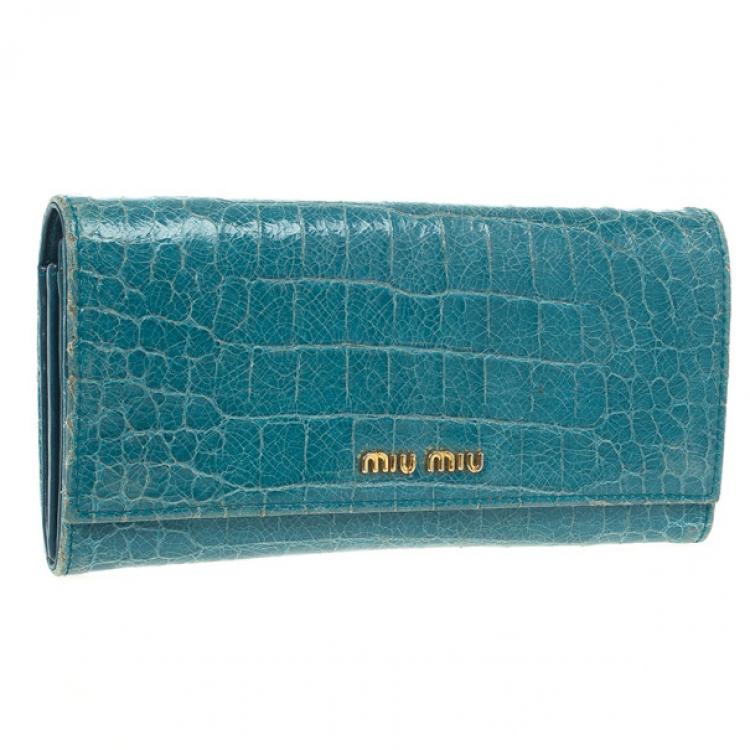 Pre Owned Miu Miu Blue Croc Print Patent Flap Continental Wallet