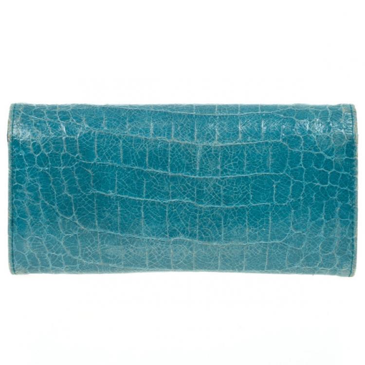 Pre Owned Miu Miu Blue Croc Print Patent Flap Continental Wallet