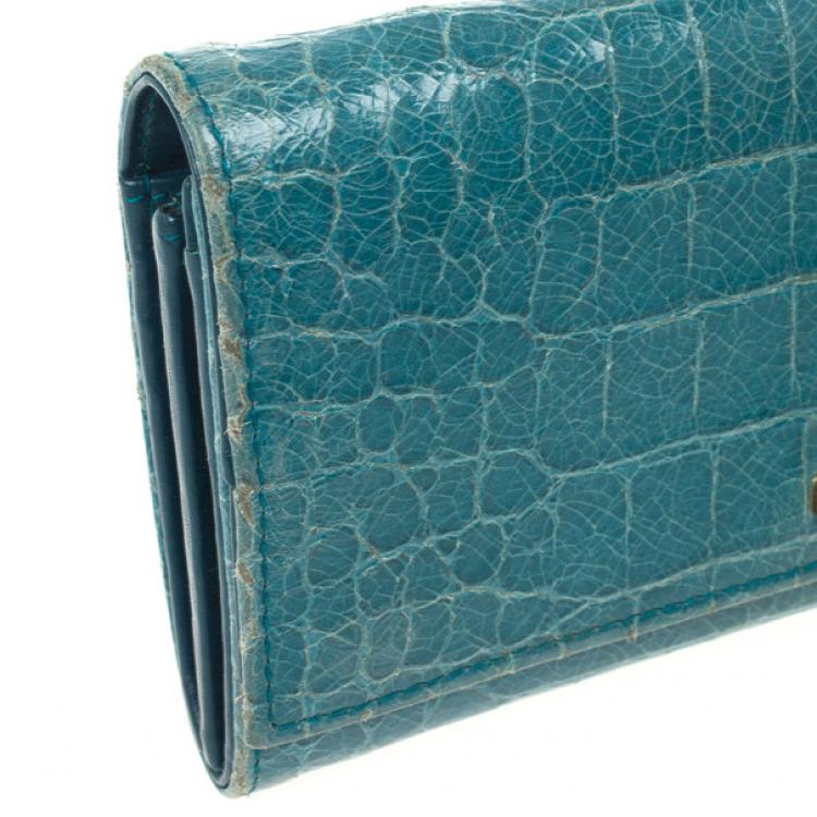 Pre Owned Miu Miu Blue Croc Print Patent Flap Continental Wallet