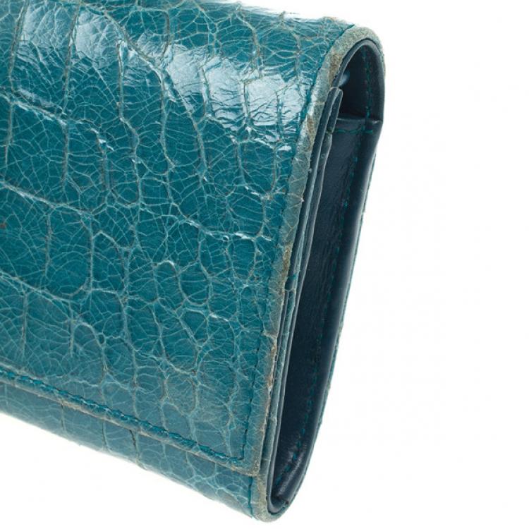 Pre Owned Miu Miu Blue Croc Print Patent Flap Continental Wallet