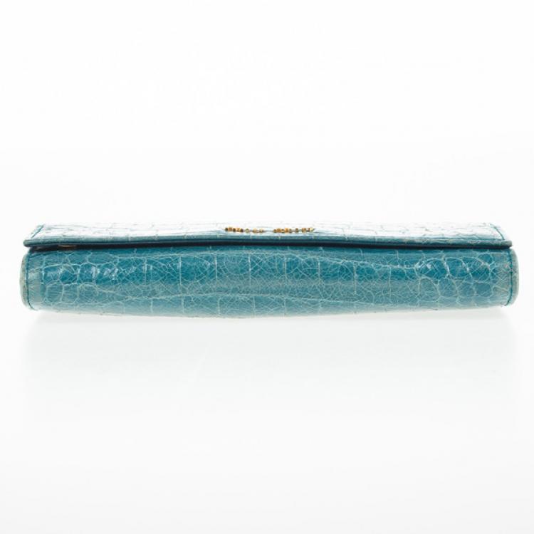Pre Owned Miu Miu Blue Croc Print Patent Flap Continental Wallet