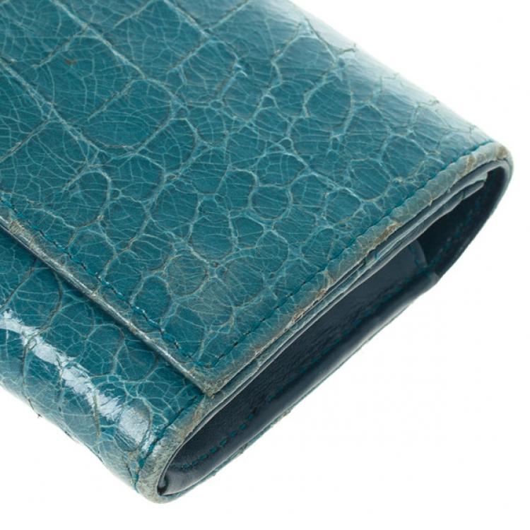Pre Owned Miu Miu Blue Croc Print Patent Flap Continental Wallet