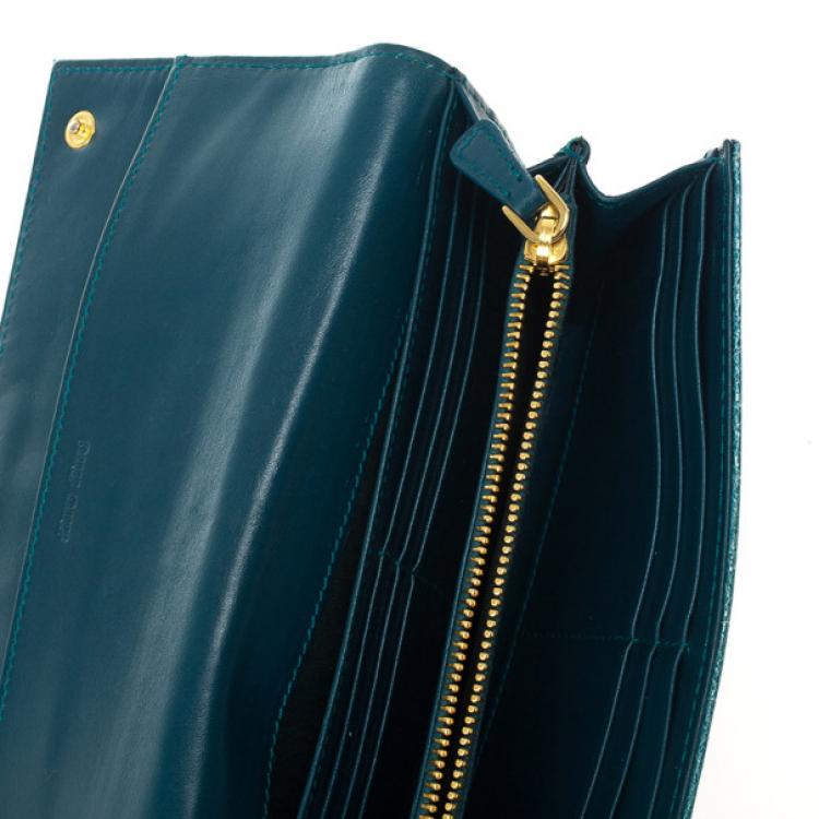 Pre Owned Miu Miu Blue Croc Print Patent Flap Continental Wallet