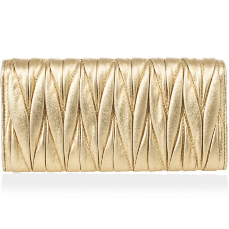 Pre Owned Miu Miu Gold Matelasse Leather Wallet