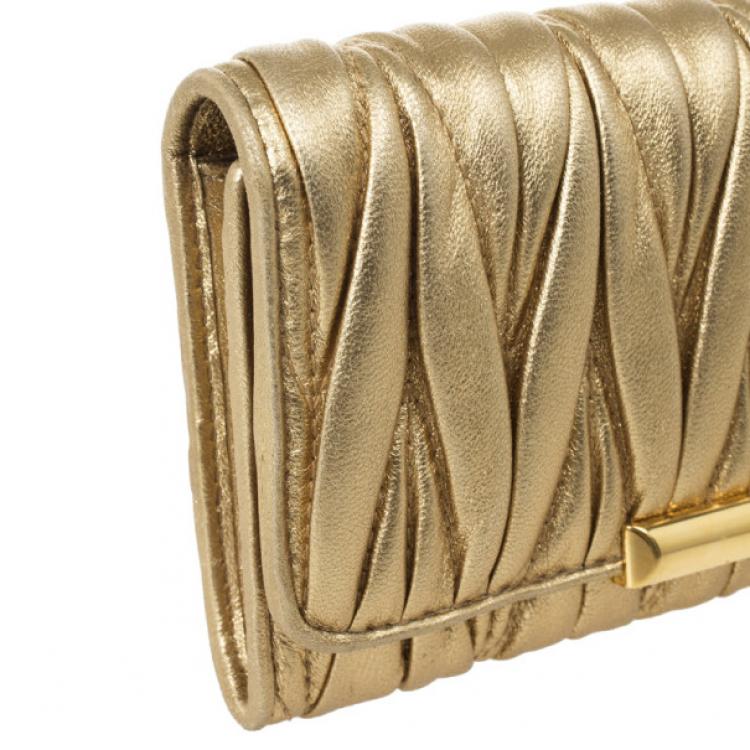 Pre Owned Miu Miu Gold Matelasse Leather Wallet