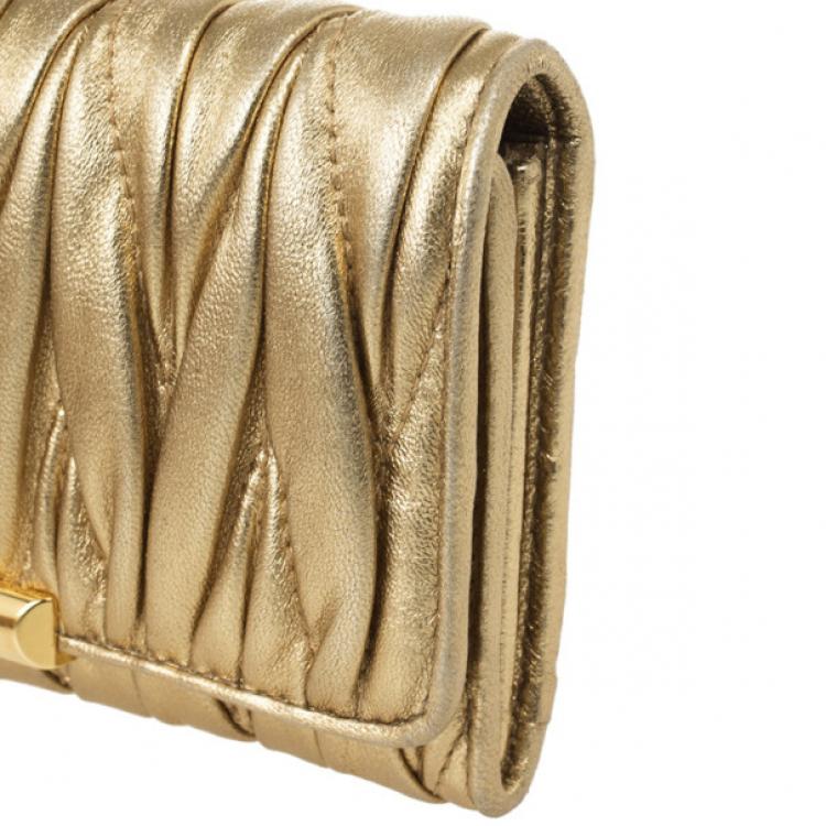 Pre Owned Miu Miu Gold Matelasse Leather Wallet
